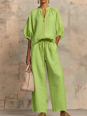 Chic Zipper V-Neck Two-Piece Set