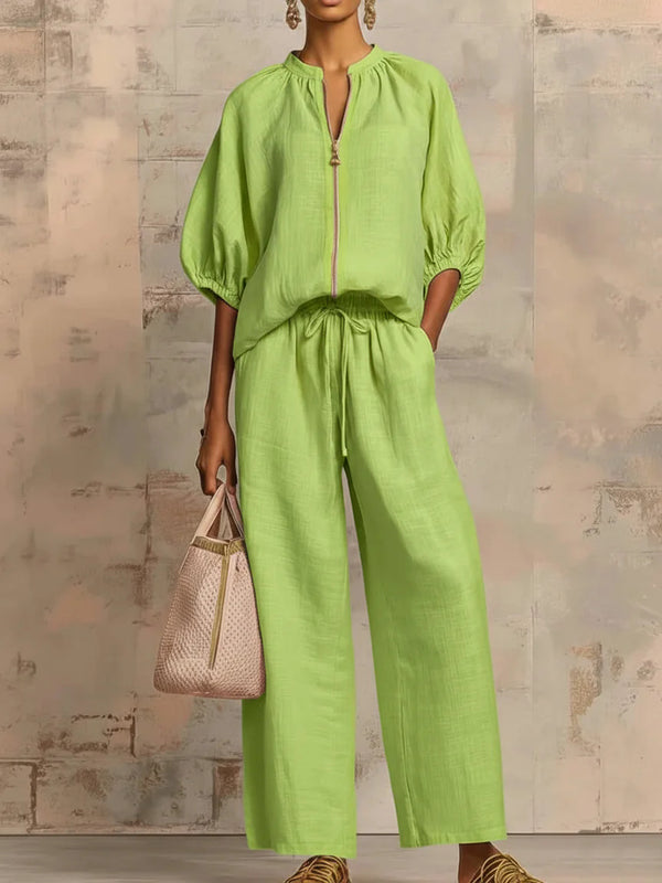 Chic Zipper V-Neck Two-Piece Set