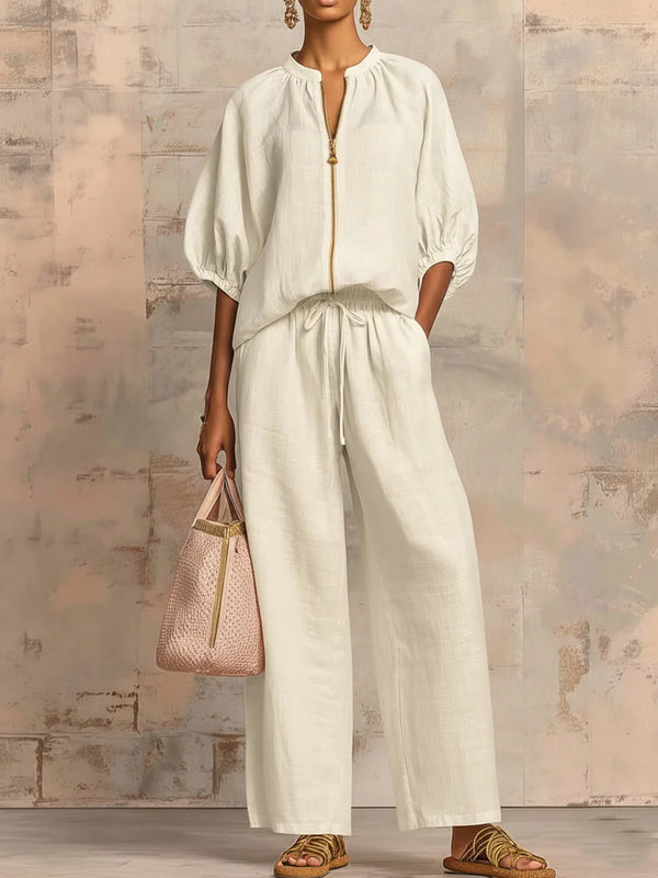 Chic Zipper V-Neck Two-Piece Set