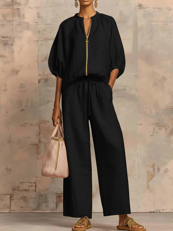Chic Zipper V-Neck Two-Piece Set