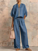 Chic Zipper V-Neck Two-Piece Set