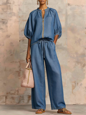 Chic Zipper V-Neck Two-Piece Set