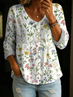 Chic Botanical Print Long Sleeve Blouse