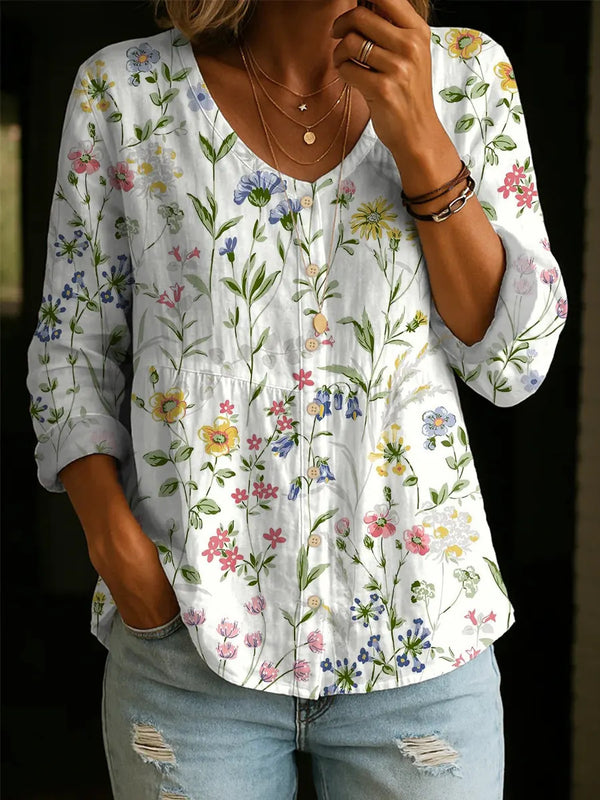 Chic Botanical Print Long Sleeve Blouse