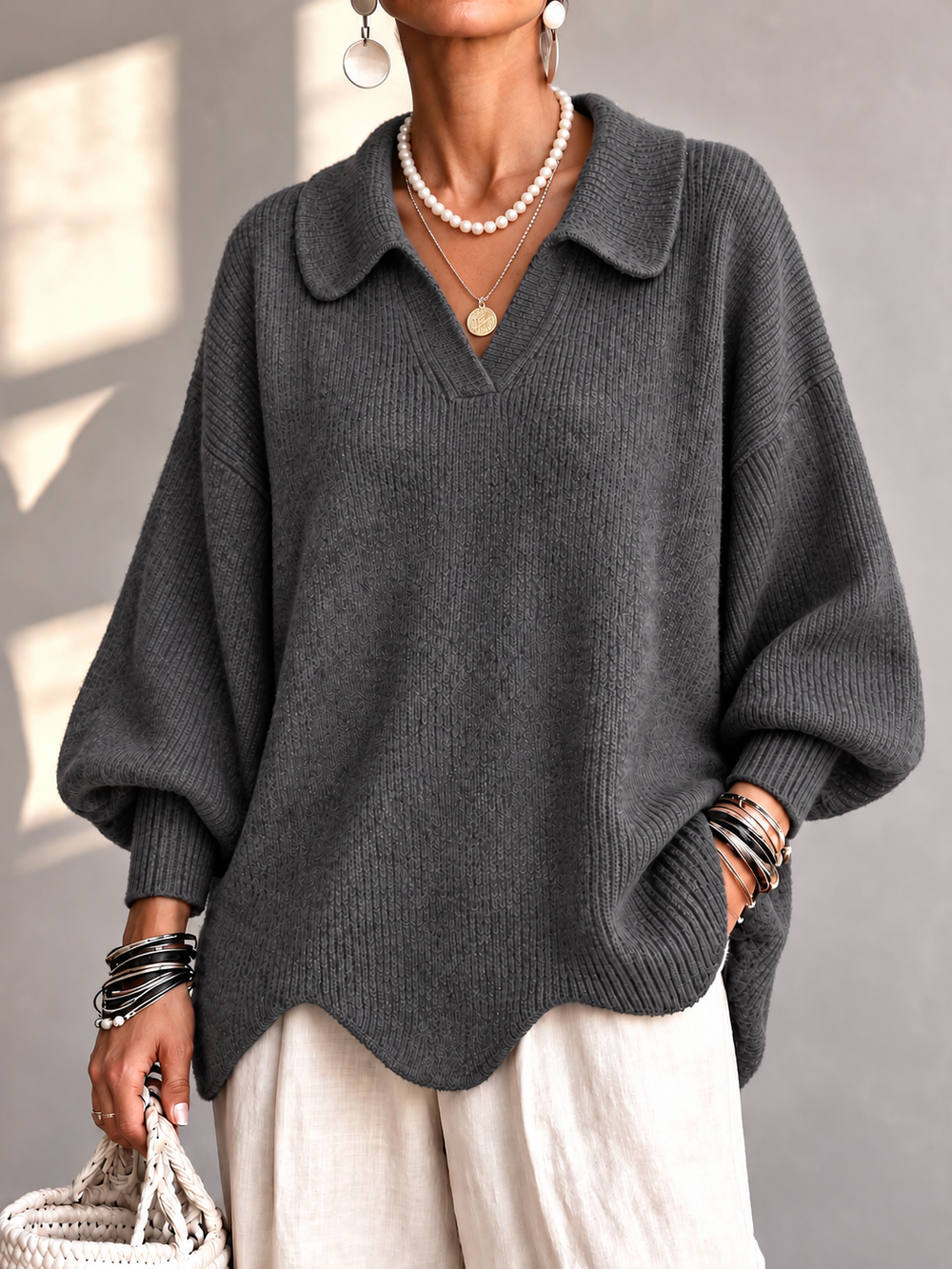 Chic Collared Scalloped Hem Knit Sweater