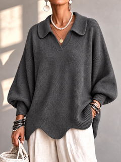 Chic Collared Scalloped Hem Knit Sweater