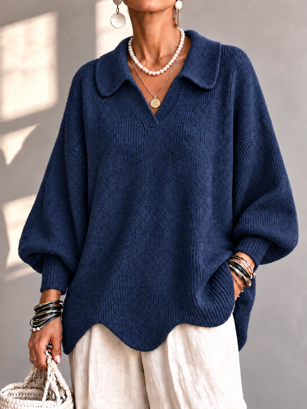 Chic Collared Scalloped Hem Knit Sweater