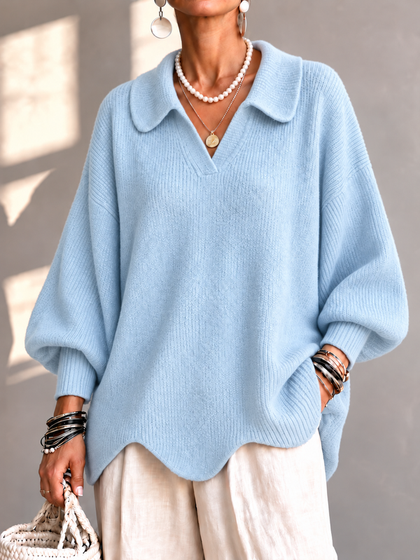 Chic Collared Scalloped Hem Knit Sweater