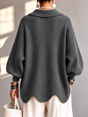 Chic Collared Scalloped Hem Knit Sweater
