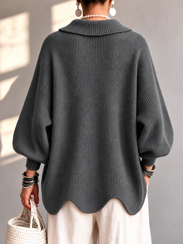 Chic Collared Scalloped Hem Knit Sweater