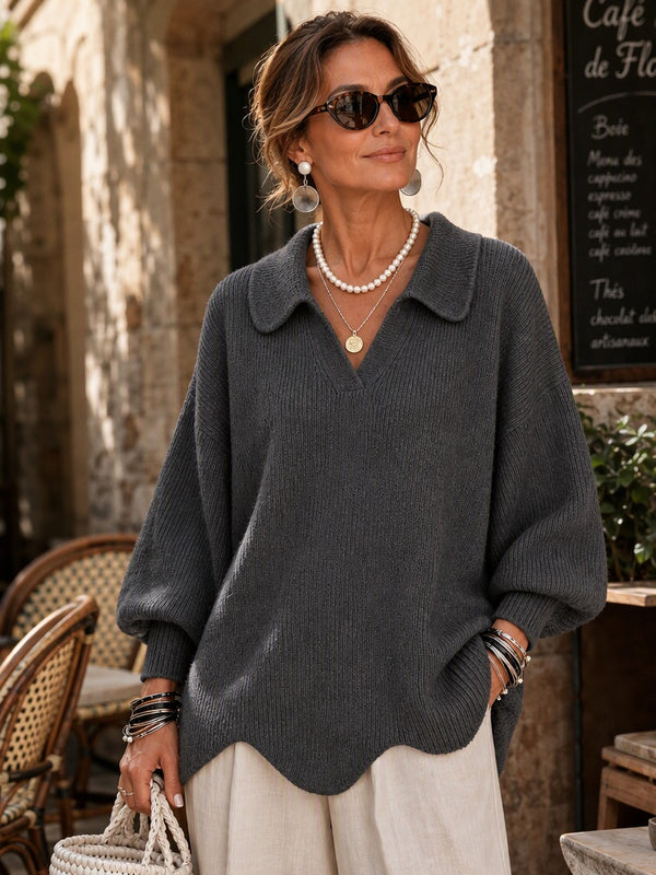 Chic Collared Scalloped Hem Knit Sweater