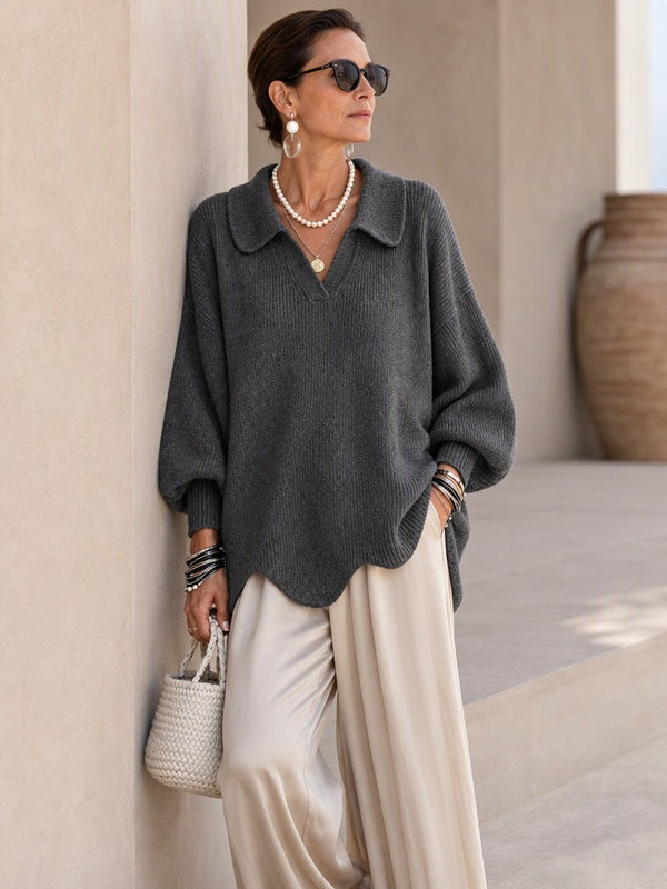 Chic Collared Scalloped Hem Knit Sweater