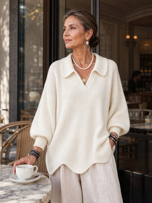 Chic Collared Scalloped Hem Knit Sweater