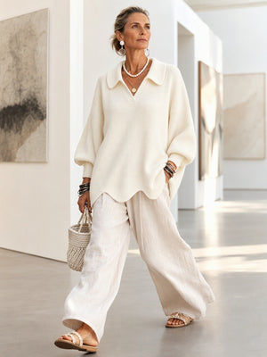 Chic Collared Scalloped Hem Knit Sweater