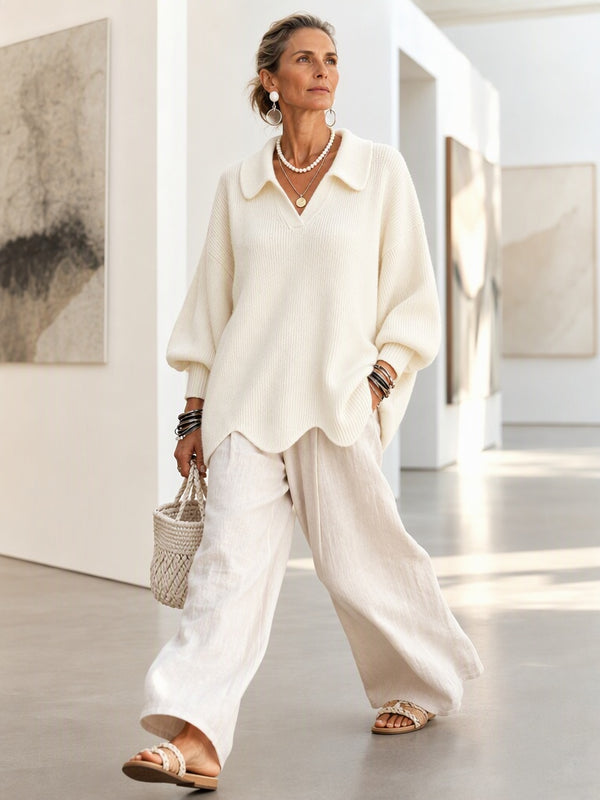 Chic Collared Scalloped Hem Knit Sweater