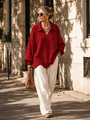Chic Collared Scalloped Hem Knit Sweater
