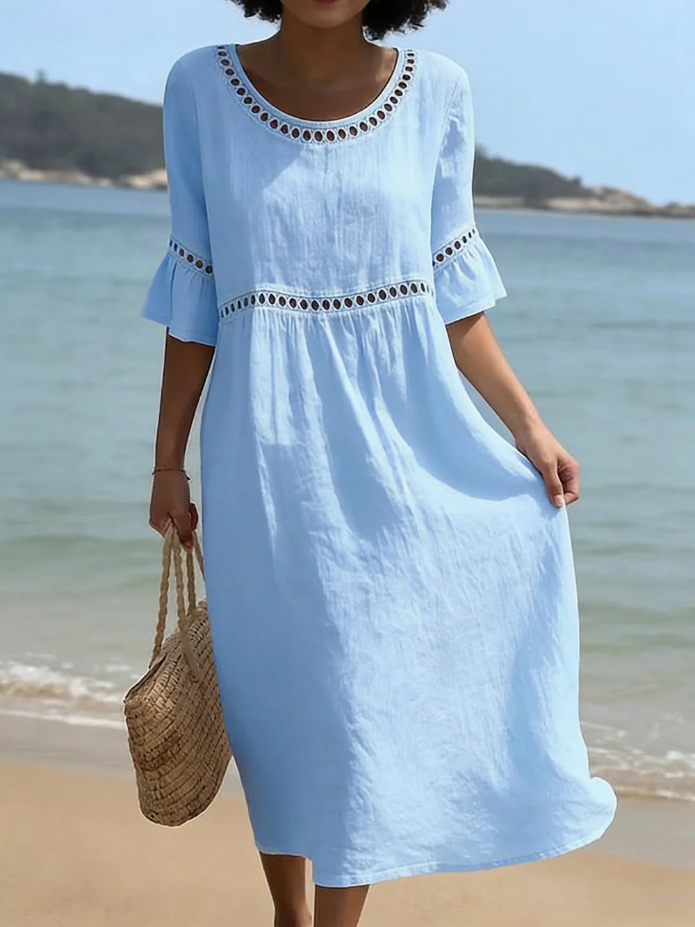 Chic Cotton Linen Openwork Embroidered Midi Dress
