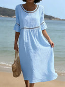 Chic Cotton Linen Openwork Embroidered Midi Dress