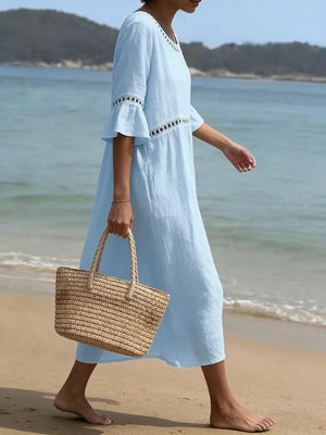 Chic Cotton Linen Openwork Embroidered Midi Dress