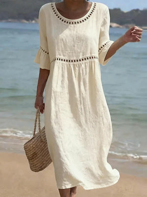 Chic Cotton Linen Openwork Embroidered Midi Dress