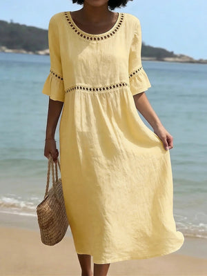 Chic Cotton Linen Openwork Embroidered Midi Dress