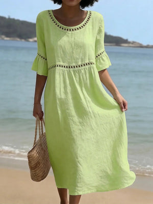 Chic Cotton Linen Openwork Embroidered Midi Dress