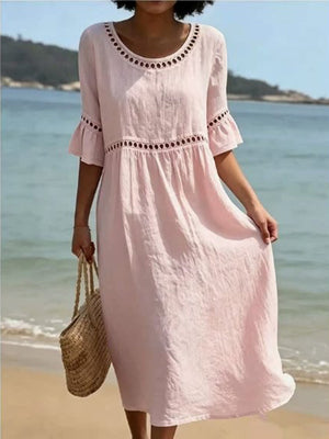 Chic Cotton Linen Openwork Embroidered Midi Dress
