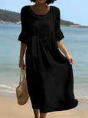 Chic Cotton Linen Openwork Embroidered Midi Dress