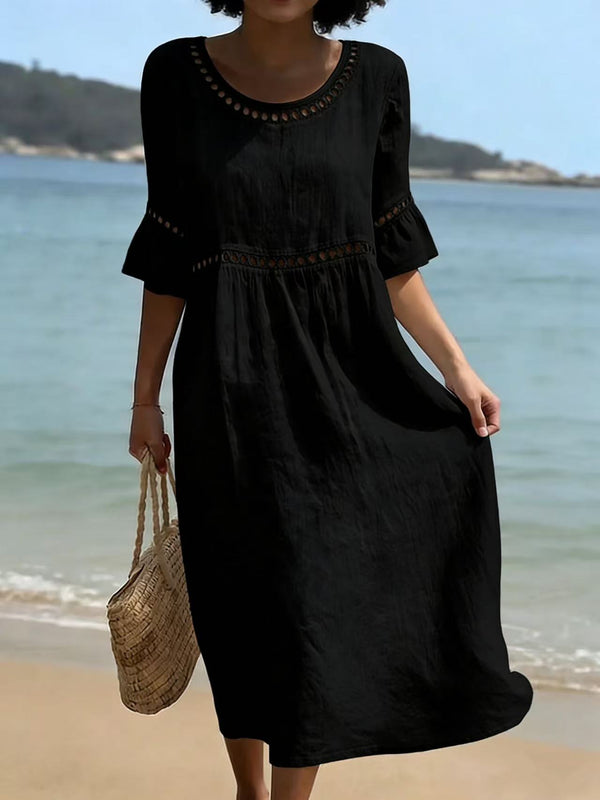 Chic Cotton Linen Openwork Embroidered Midi Dress