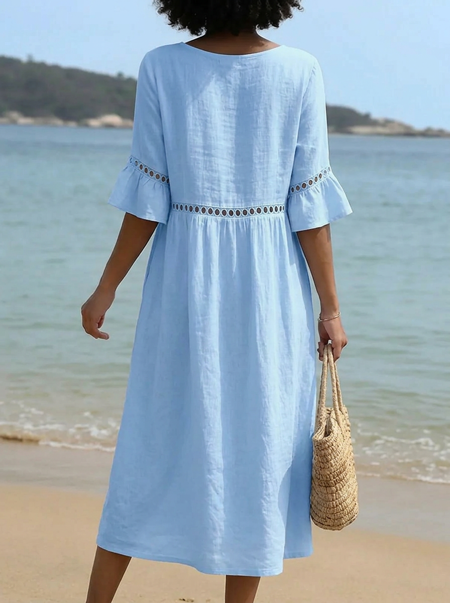 Chic Cotton Linen Openwork Embroidered Midi Dress