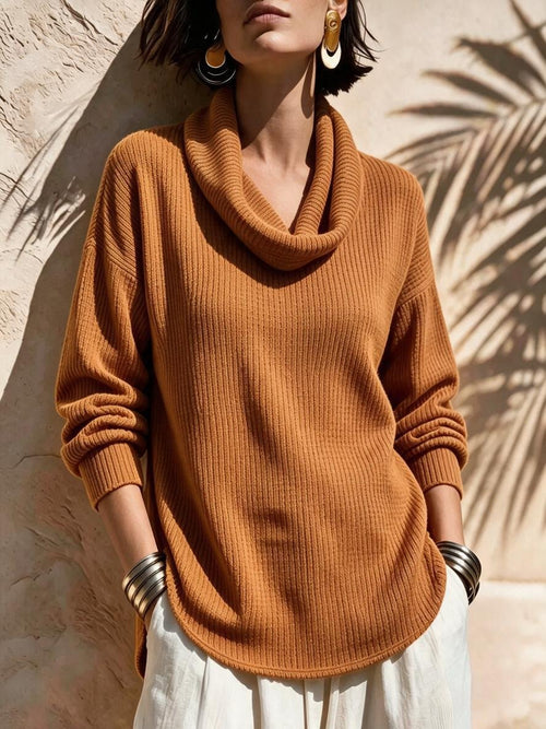 Chic Cowl Neck Curved Hem Knit Top