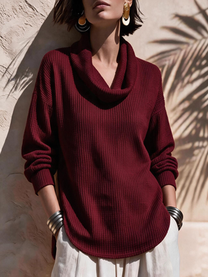 Chic Cowl Neck Curved Hem Knit Top