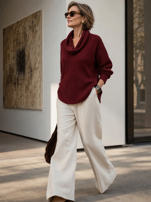Chic Cowl Neck Curved Hem Knit Top