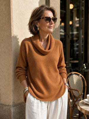 Chic Cowl Neck Curved Hem Knit Top