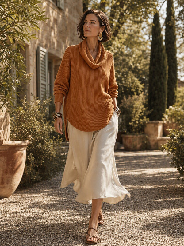 Chic Cowl Neck Curved Hem Knit Top