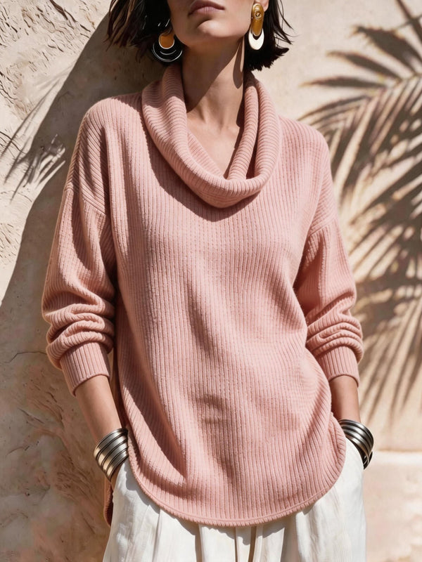 Chic Cowl Neck Curved Hem Knit Top