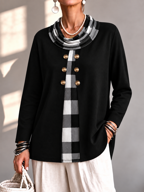 Chic Cowl Neck Plaid Panel Long Sleeve Top