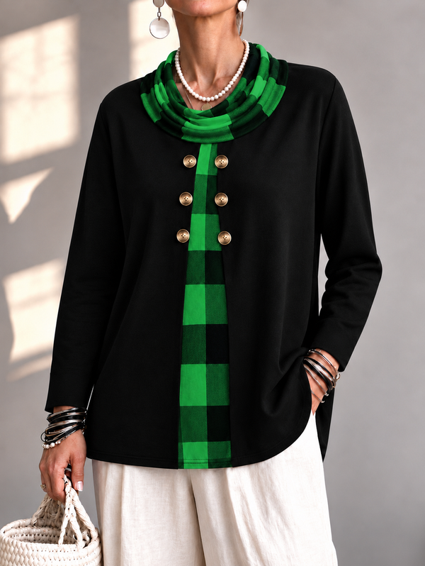 Chic Cowl Neck Plaid Panel Long Sleeve Top