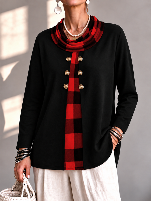 Chic Cowl Neck Plaid Panel Long Sleeve Top