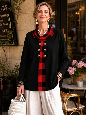 Chic Cowl Neck Plaid Panel Long Sleeve Top
