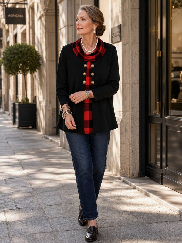 Chic Cowl Neck Plaid Panel Long Sleeve Top