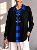 Chic Cowl Neck Plaid Panel Long Sleeve Top