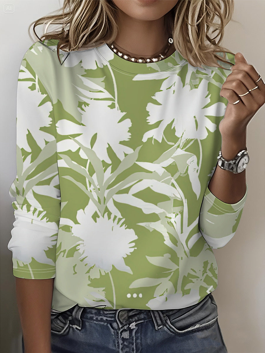 Chic Floral Print Crew Neck Long Sleeve Top