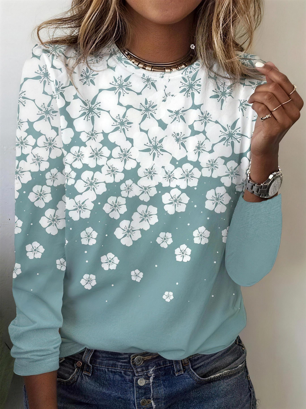 Chic Floral Print Long Sleeve Top