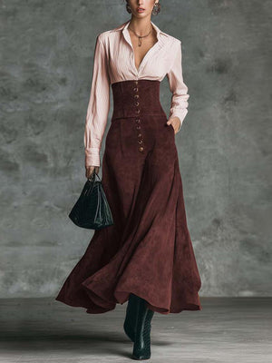 Chic High-Waisted Striped Shirt Patchwork Maxi Dress