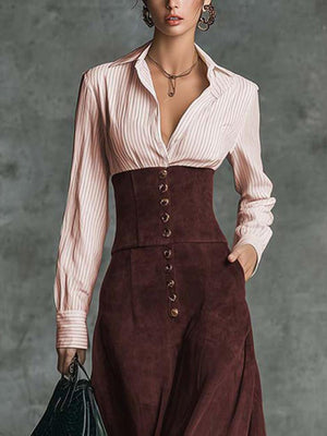 Chic High-Waisted Striped Shirt Patchwork Maxi Dress