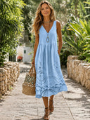 Chic Hollow Floral Printed Pocket Midi Dress