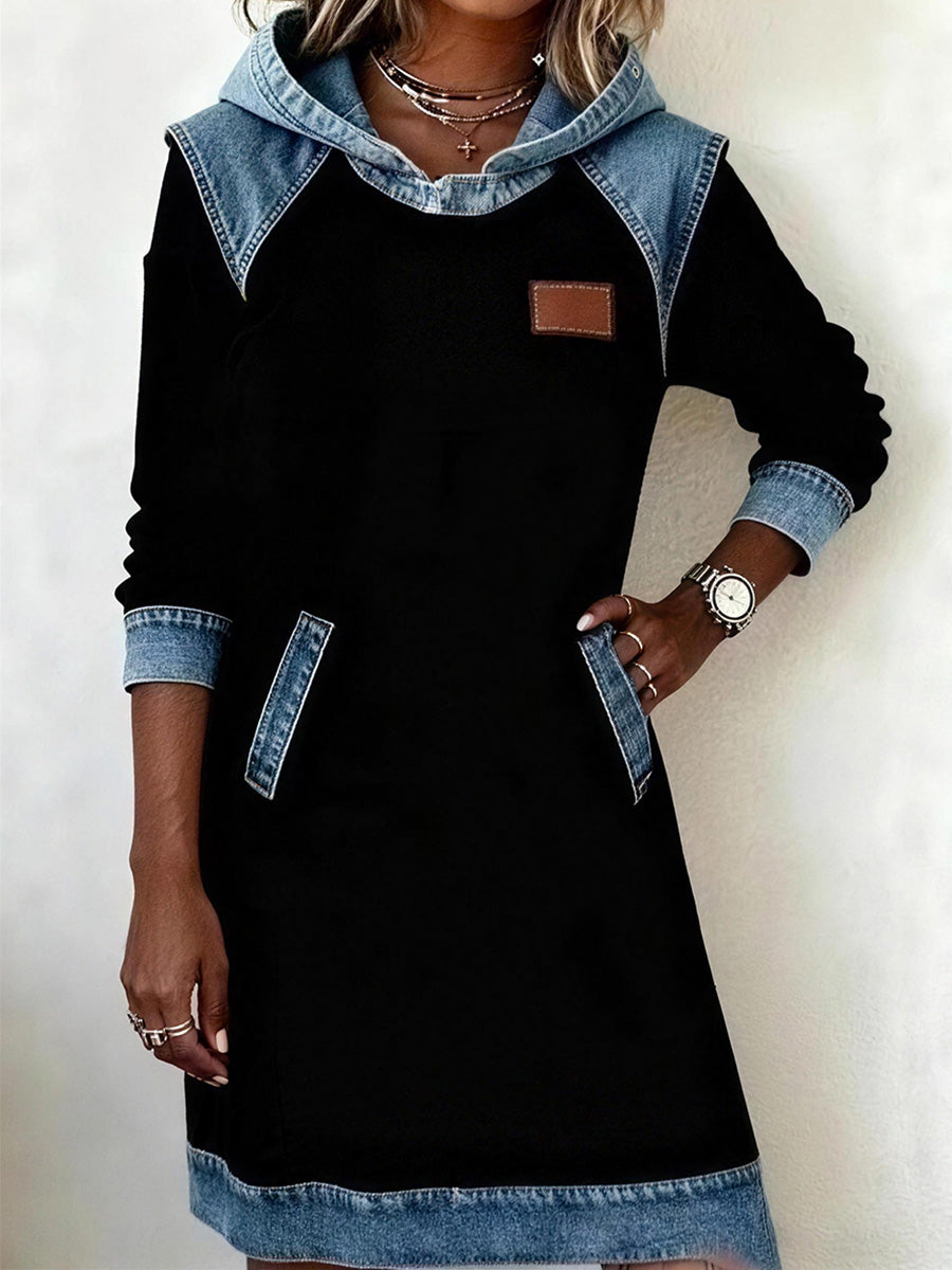 Chic Hooded Color-Block Denim Midi Dress