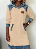 Chic Hooded Color-Block Denim Midi Dress