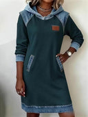 Chic Hooded Color-Block Denim Midi Dress